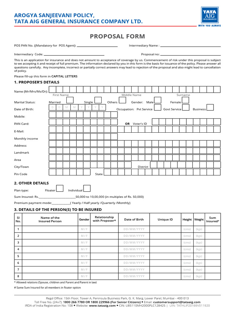Tata AIG Insurance Proposal Form | PDF | Insurance | Cheque