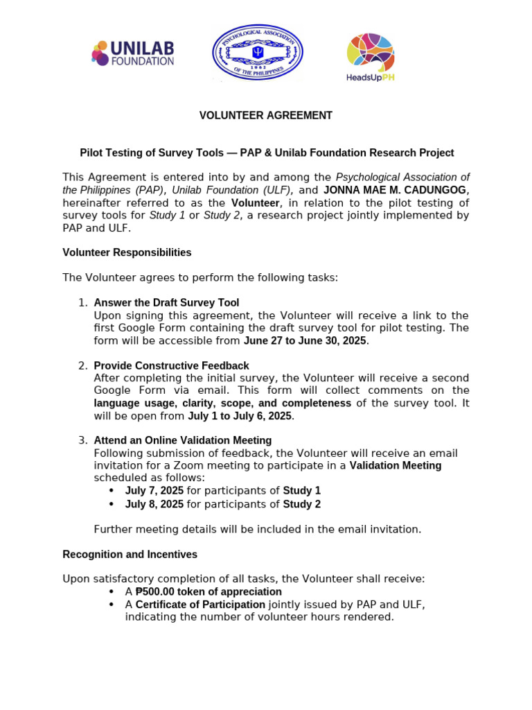 Volunteer Agreement Pilottestingpapulf | PDF