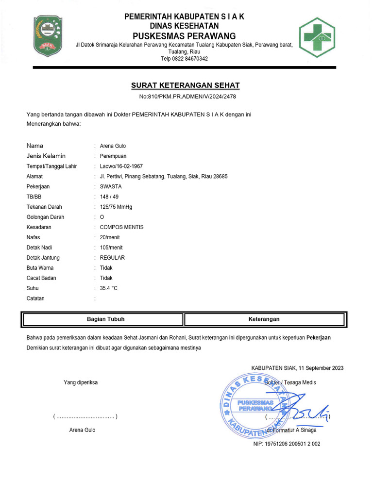 Surat Keterangan Sehat Arena Gulo | PDF
