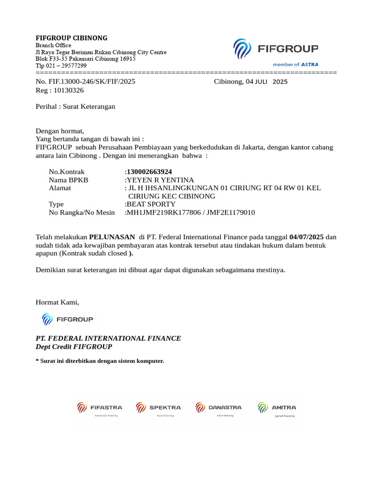 Surat Keterangan Lunas FIF 2025 | PDF