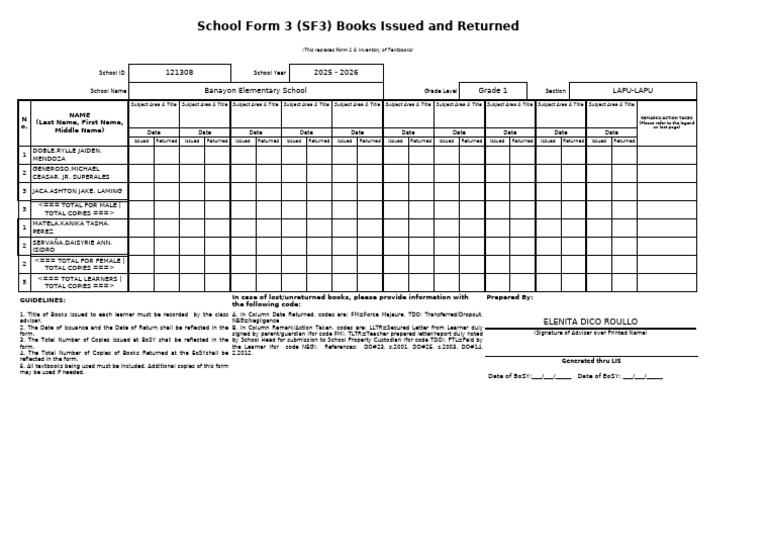 SF3 Textbook Issuance Record 2025-2026 | PDF