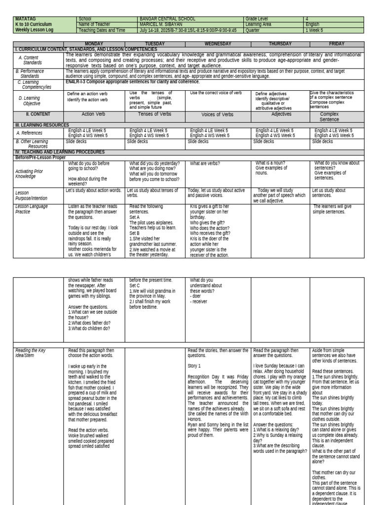 ENGLISH 4 Quarter 1 Week 5 | PDF | Clause | Subject (Grammar)