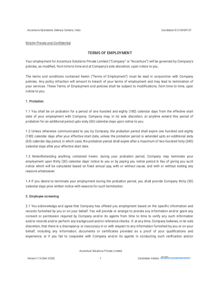 Accenture India Employment Terms Guide | PDF | Breach Of Contract ...