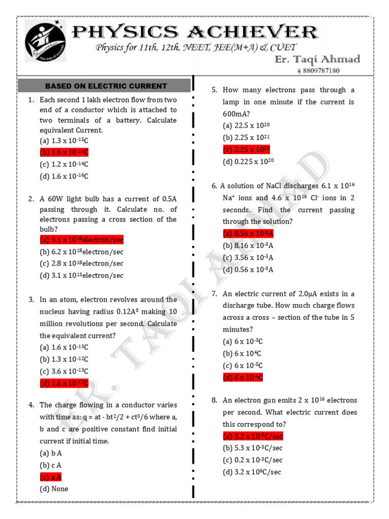 Electrical Current Calculations and Concepts | PDF | Electric Current ...