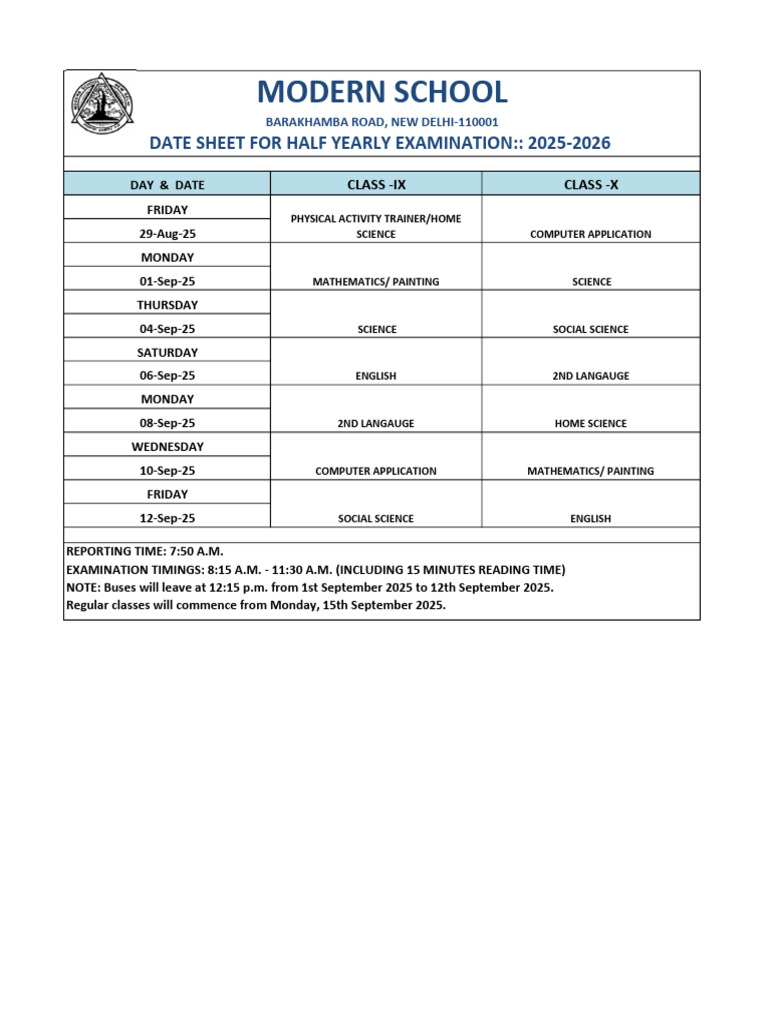 Class 9 Half Yearly Exam Timetable 2025 | PDF