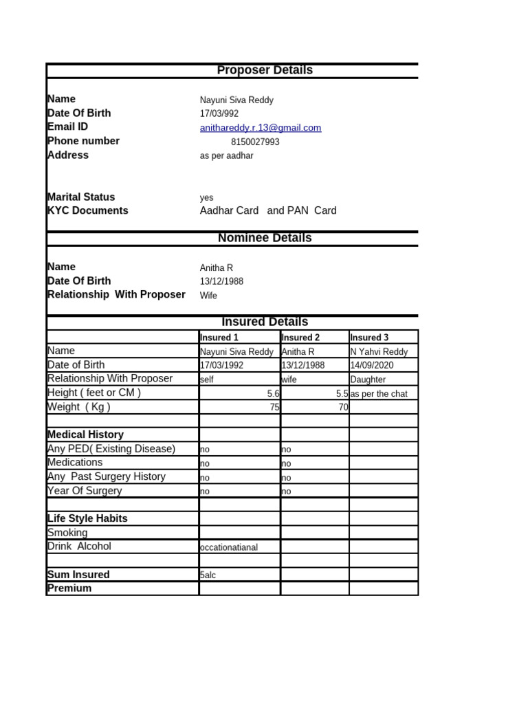 Proposer and Insured Details Form | PDF