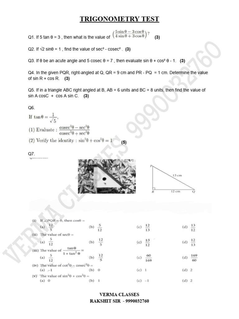 Class 10 Trigonometry Test Questions | PDF
