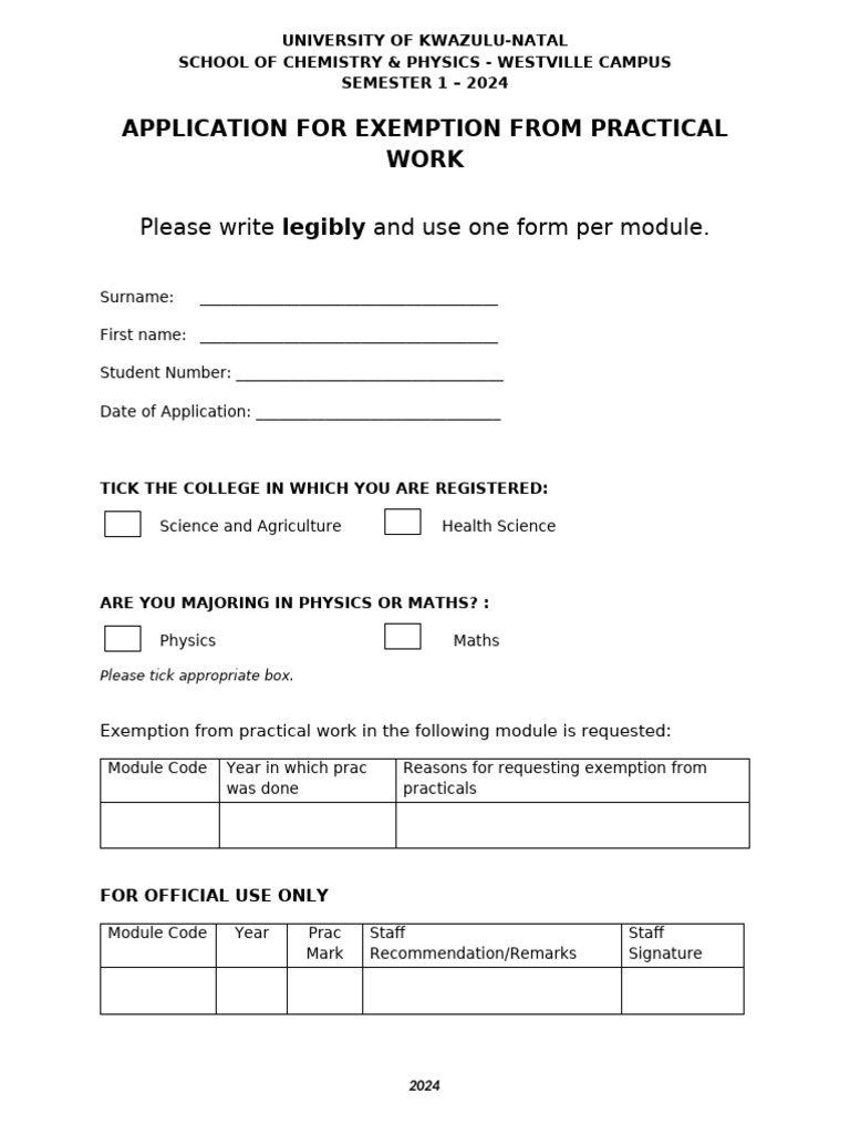 Exemption Application for Practical Work | PDF