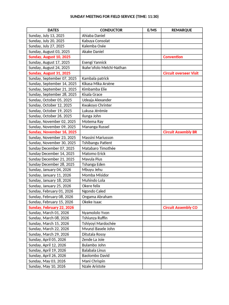 Sunday Field Service Meeting Schedule | PDF