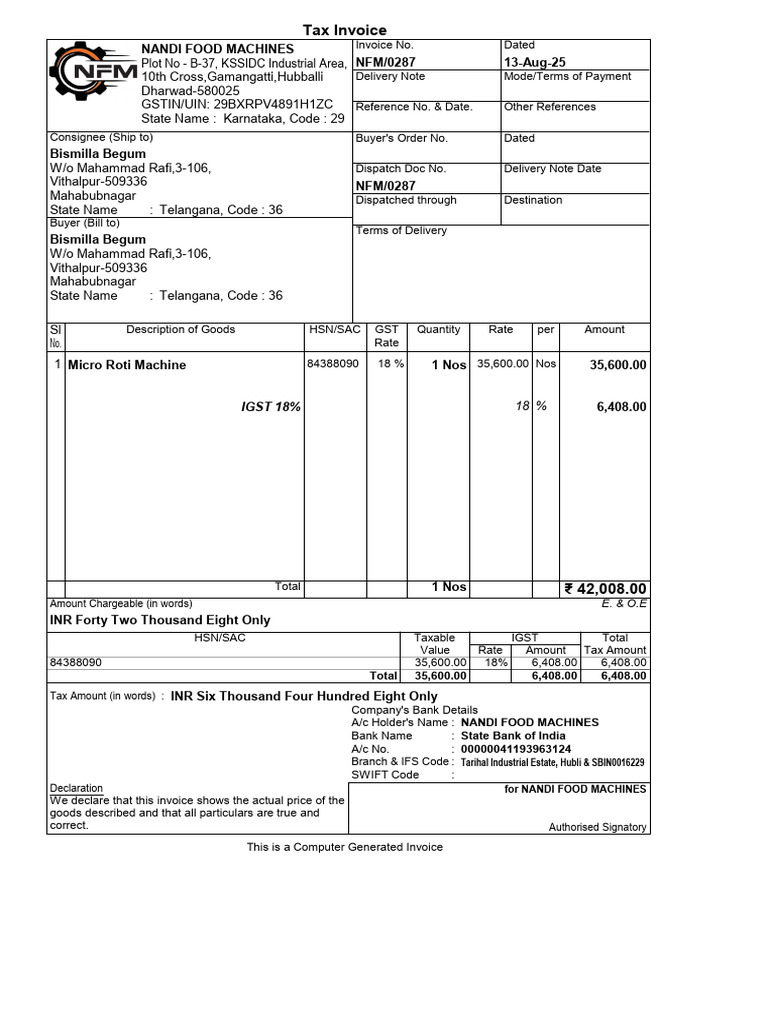 Nandi Food Machines Invoice NFM/0287 | PDF | Government | Trade