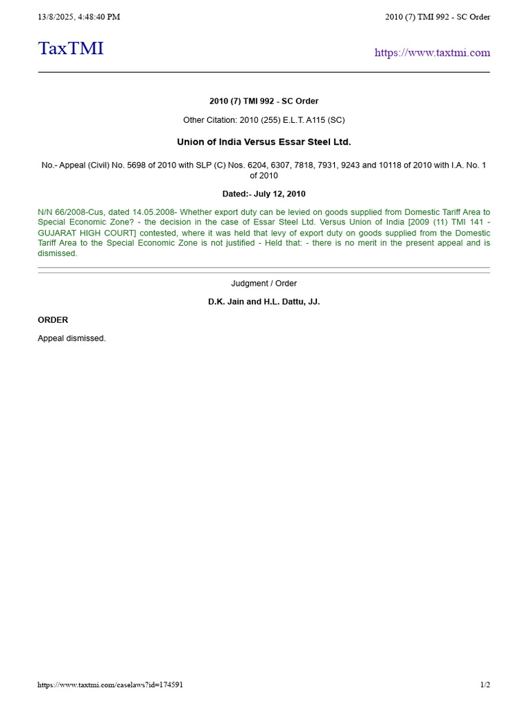 SC Order on Export Duty Appeal | PDF
