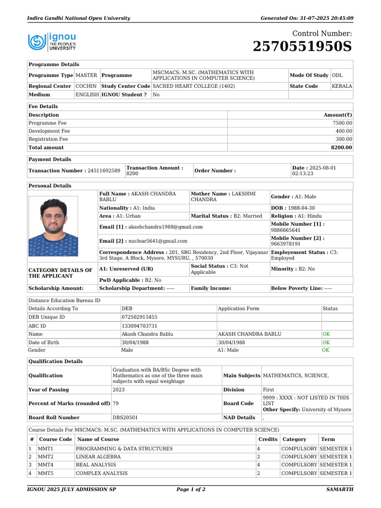 IGNOU 2025 M.Sc. Application Details | PDF