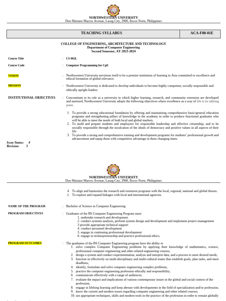 Computer Programming Course Syllabus | PDF | Engineering | Computer ...