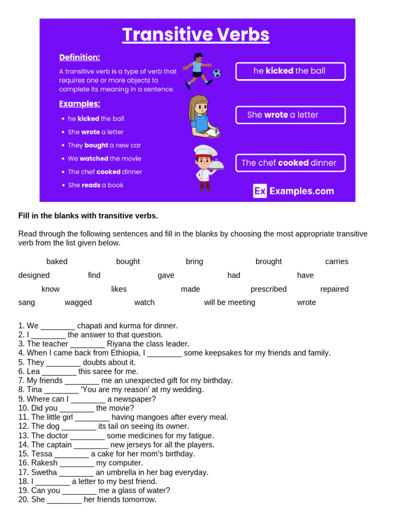 Transitive Verbs Fill-in-the-Blank Exercise | PDF