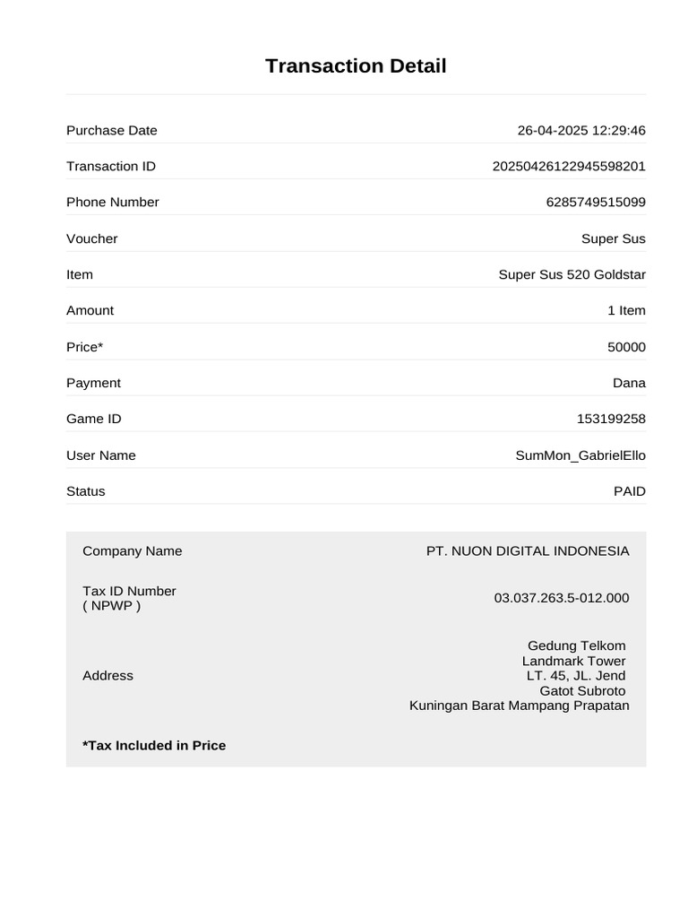 Transaction Detail: Tax Included in Price | PDF