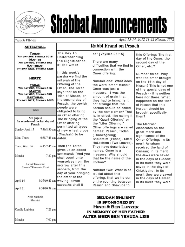 April 14 Shabbat Announcements PDF Passover Shabbat