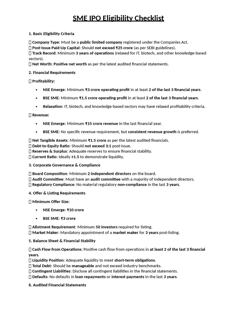 SME IPO Eligibility Criteria Checklist | PDF | Debt | Regulatory Compliance