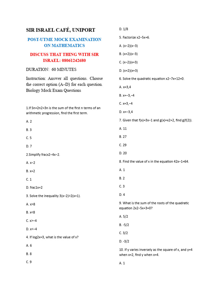 UNIPORT Mathematics Mock Exam Guide | PDF | Quadratic Equation ...