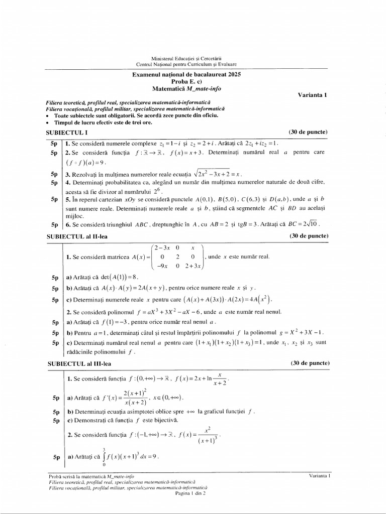 E C Matematica M Mate-Info 2025 Var 01 LRO Rezolvat Backup | PDF