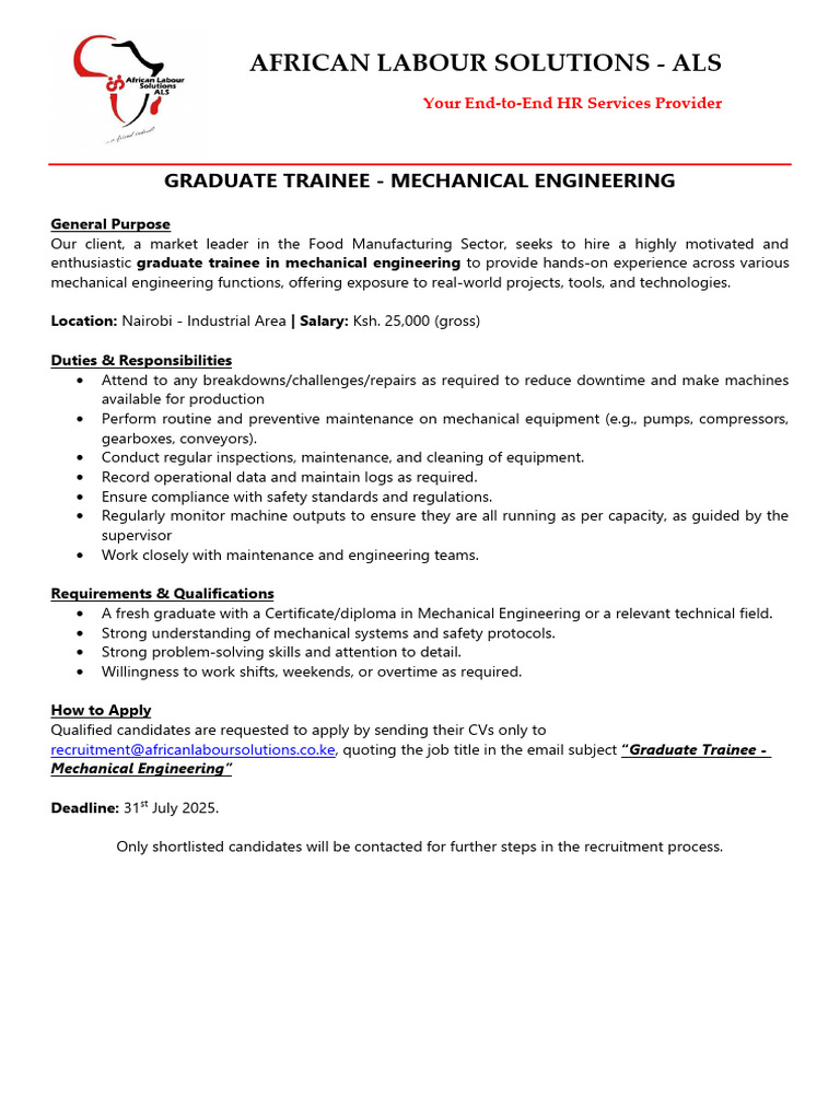 Graduate Trainee Mechanical Engineering Job | PDF