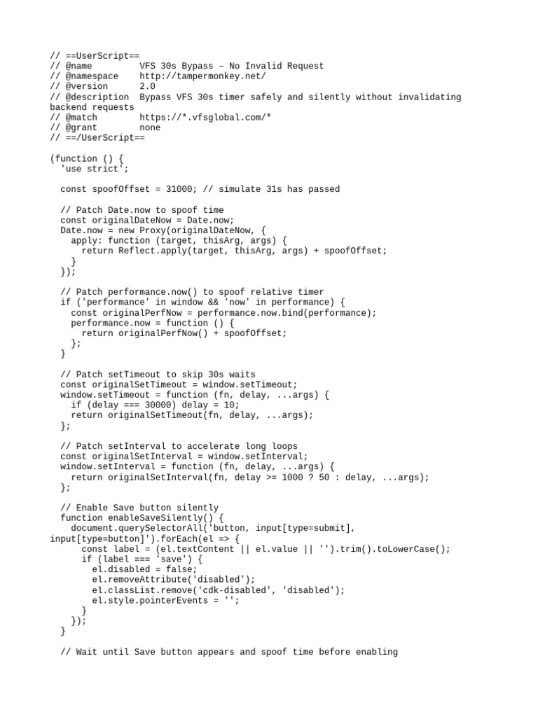 VFS Timer Bypass Script for Tampermonkey | PDF