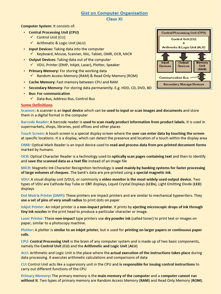 XI Computer Science Gist - Computer Organisation | PDF | Computer Data ...