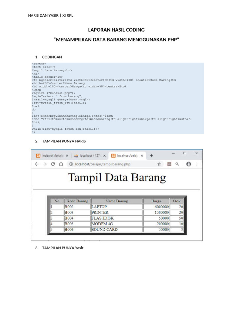 Laporan Hasil Coding PHP XI RPL | PDF