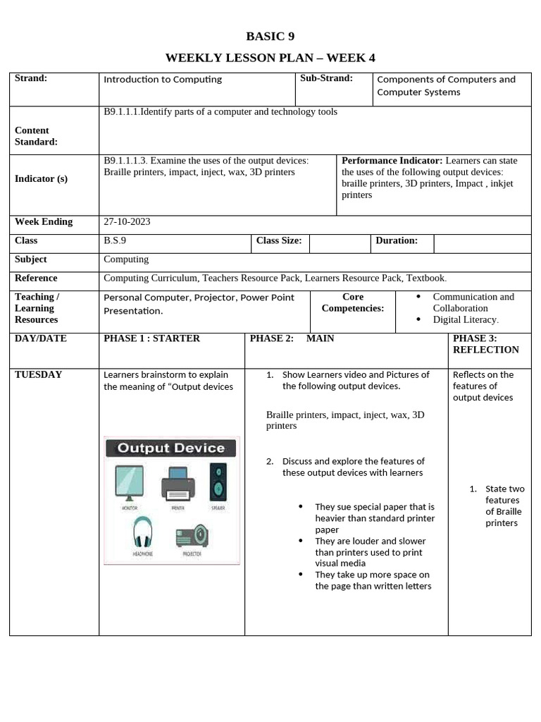 Week 4 Computing Lesson Plan: Output Devices | PDF | Printer (Computing ...