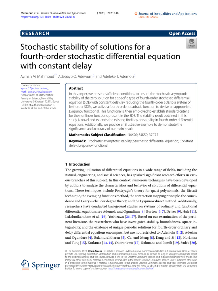 Stochastic Stability of Solutions For A Fourth-Order Stochastic ...