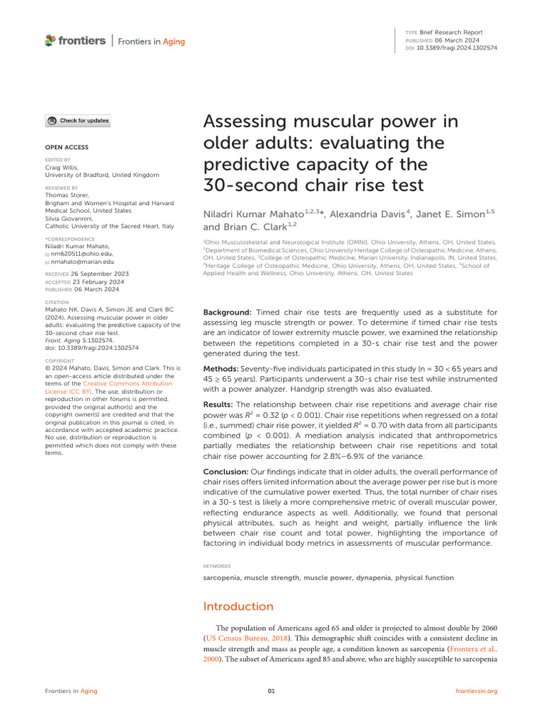 Assessing Muscular Power in Older Adults Evaluating the Predictive ...