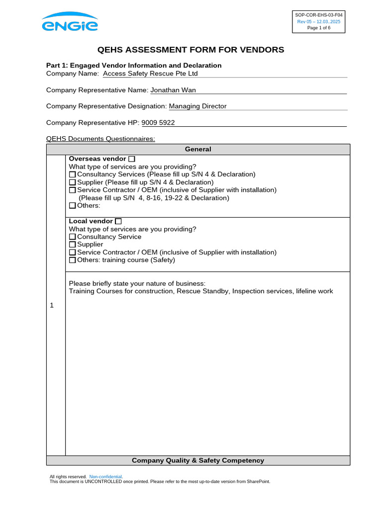 Vendor QEHS Assessment Form | PDF | Occupational Safety And Health | Safety