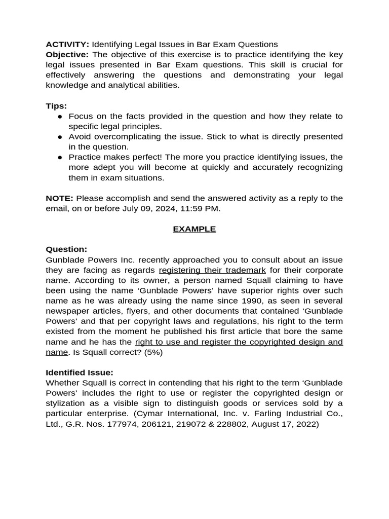 Identifying Legal Issues in Bar Exam Questions | PDF | Lawsuit | Complaint