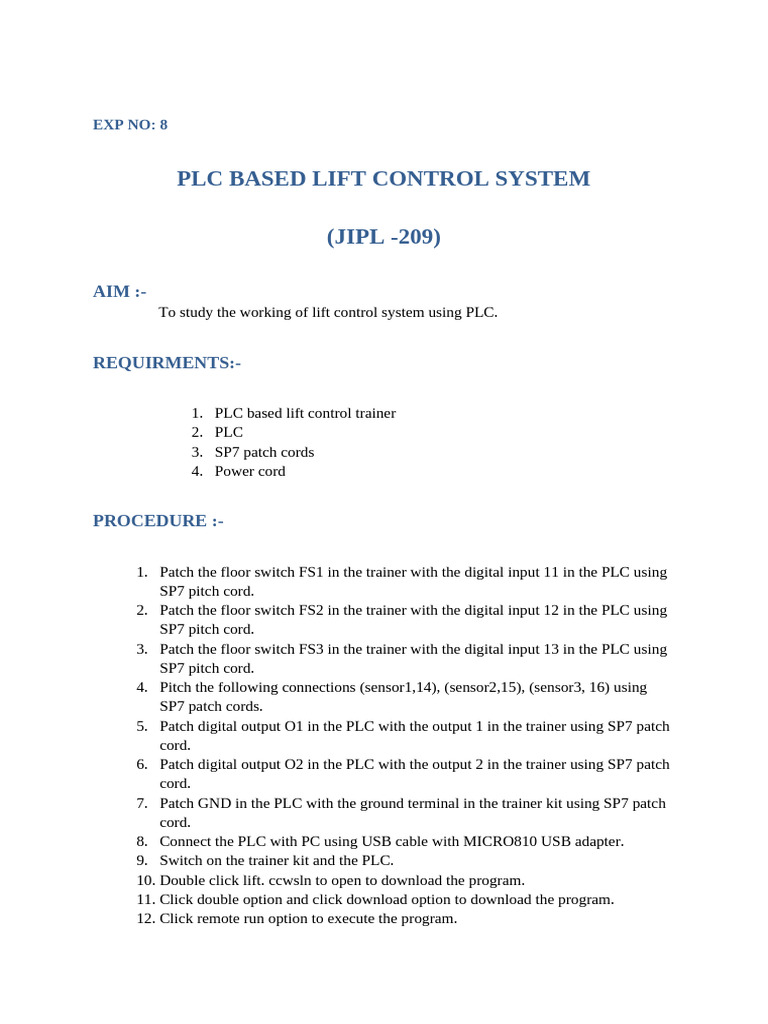 PLC Lift Control System Experiment | PDF