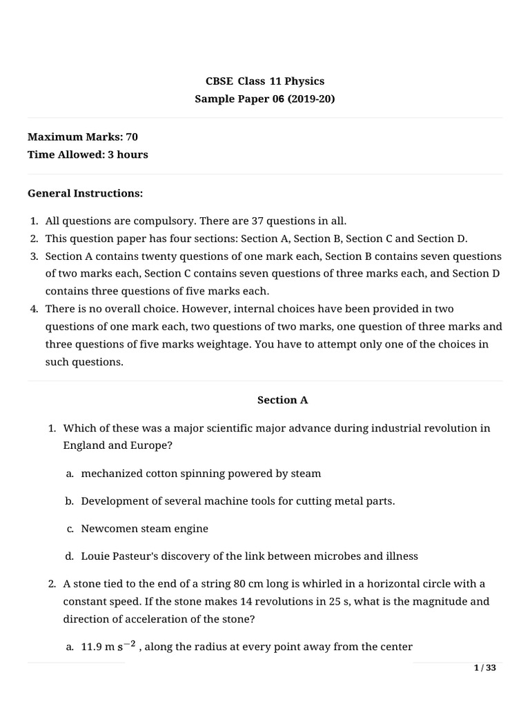 Class 11 Physics Sample Paper 06 | PDF | Friction | Force