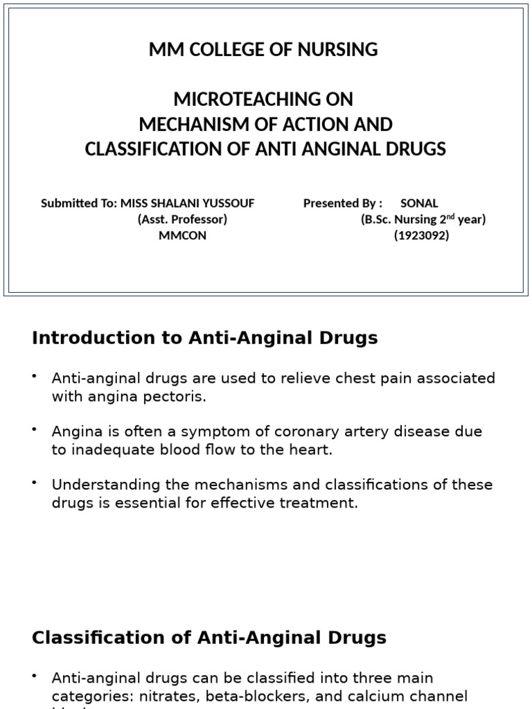 Mechanism of Action and Classification of Anti Anginal Drugs | PDF ...