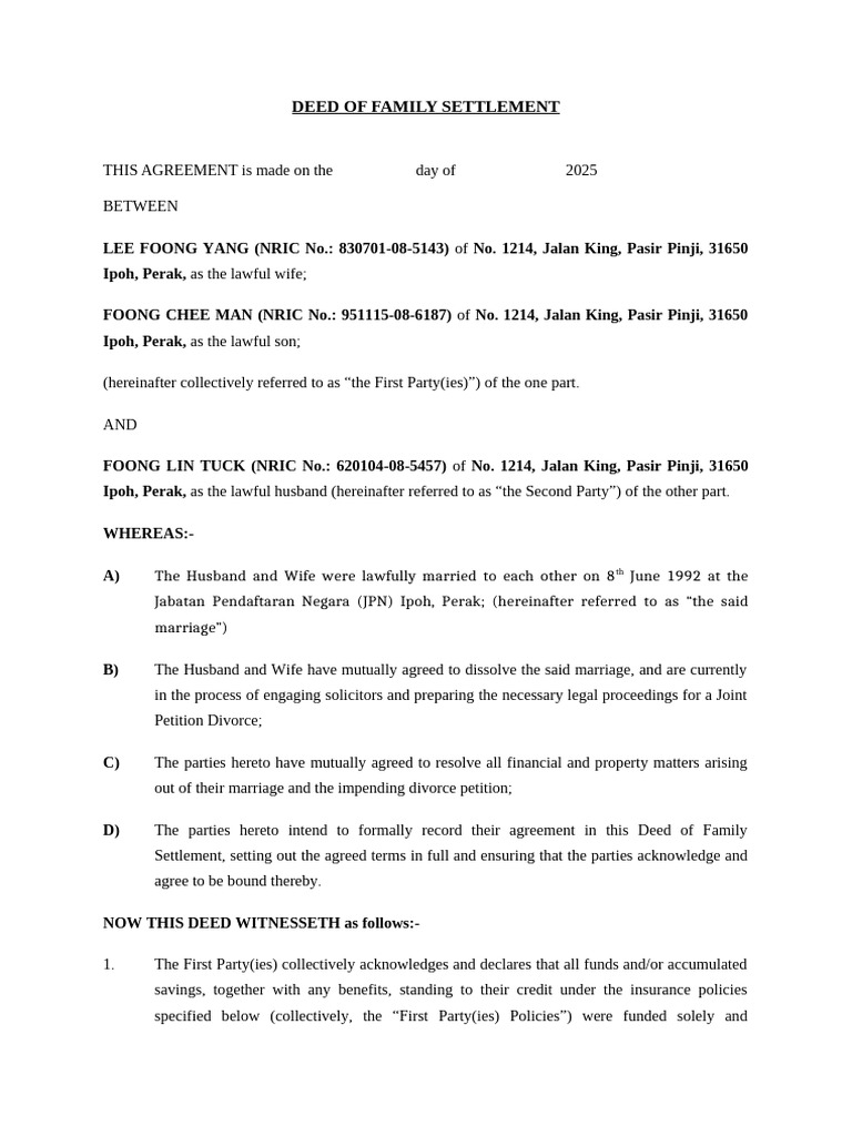 Family Settlement Deed for Divorce | PDF | Private Law | Common Law