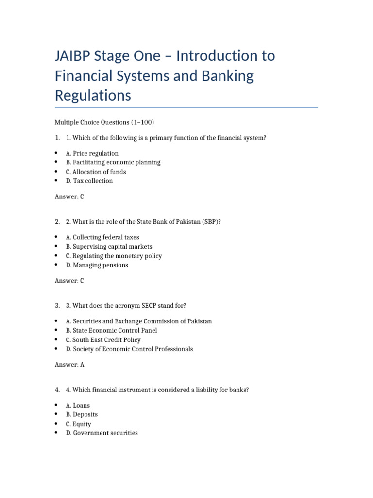 JAIBP Stage 1: Banking Systems Quiz | PDF | Islamic Banking And Finance ...