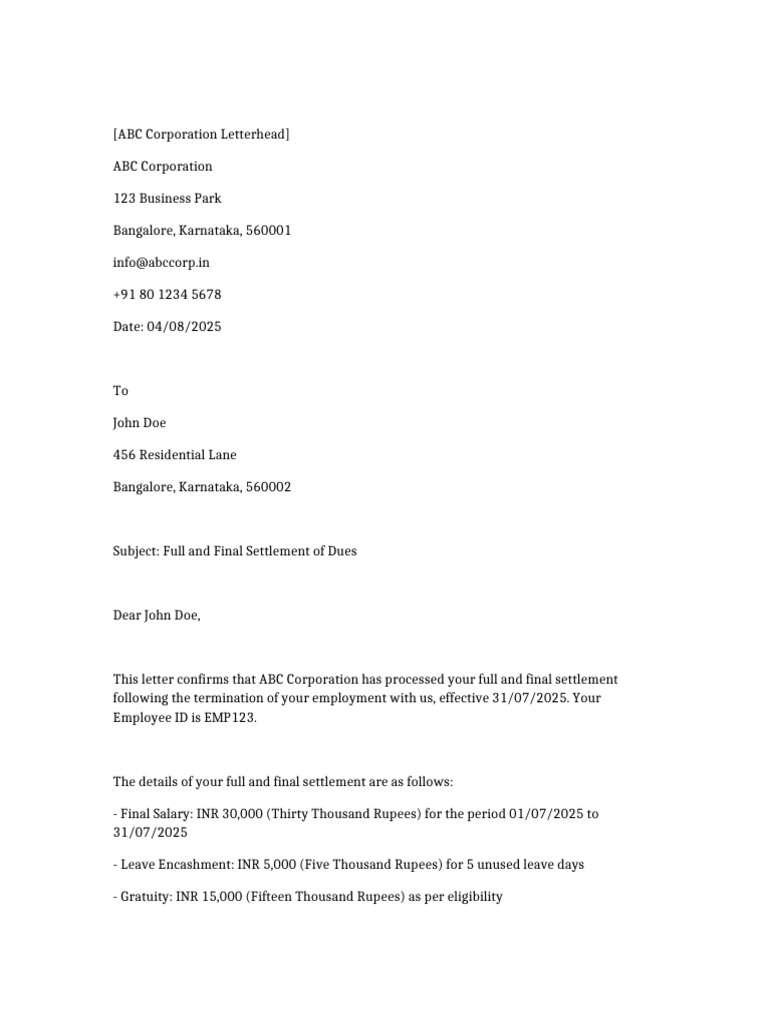 Full and Final Settlement Confirmation | PDF