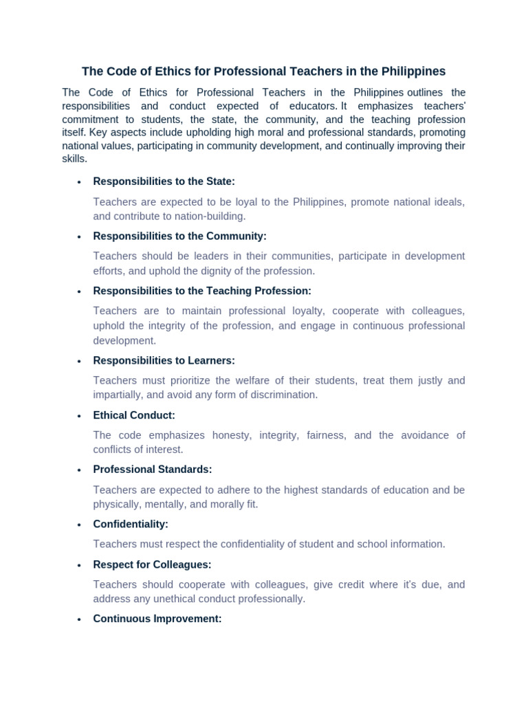 The Code of Ethics For Professional Teachers in The Philippines | PDF