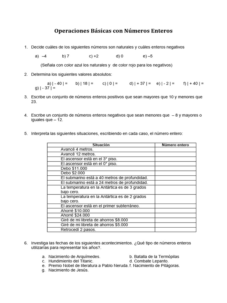 Operaciones con Números Enteros | PDF | Entero