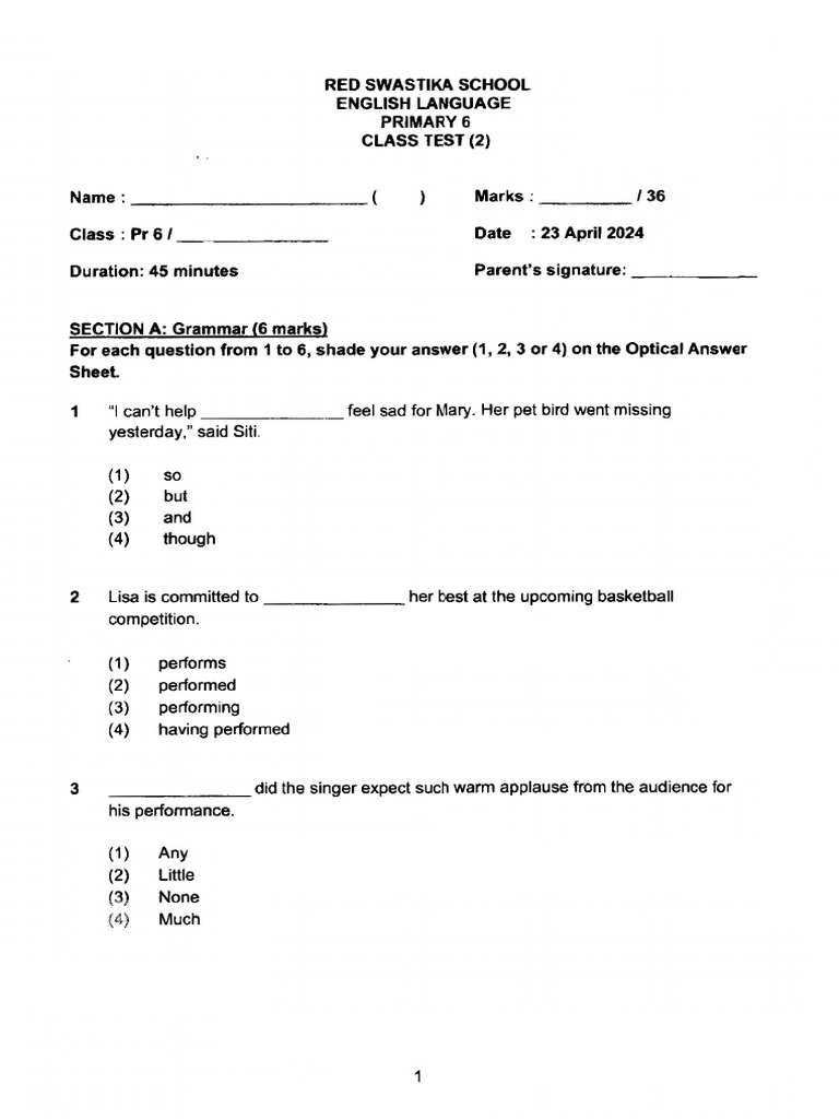 2024 P6 English Class Test 2 Red Swastika | PDF
