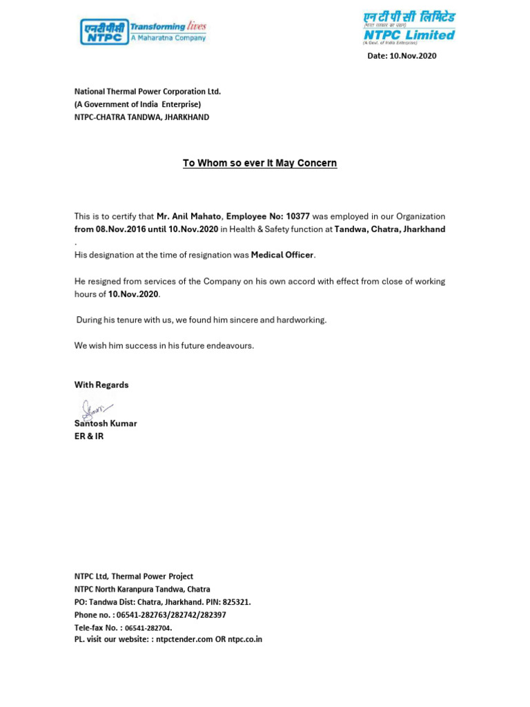 NTPC Relieving Letter for Anil Mahato | PDF