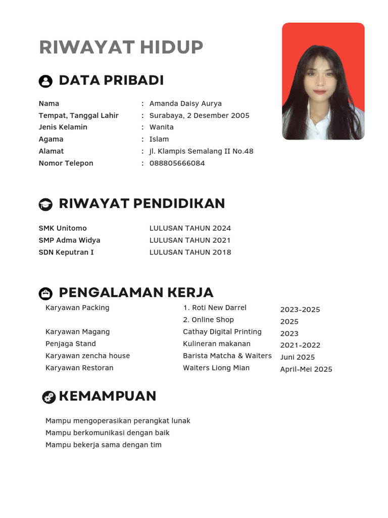 CV Mahasiswa Amanda Daisy Aurya | PDF