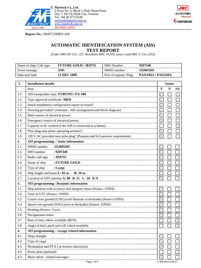 AIS Test Report for FUTURE GOLD Ship | PDF | Telecommunications | Wireless