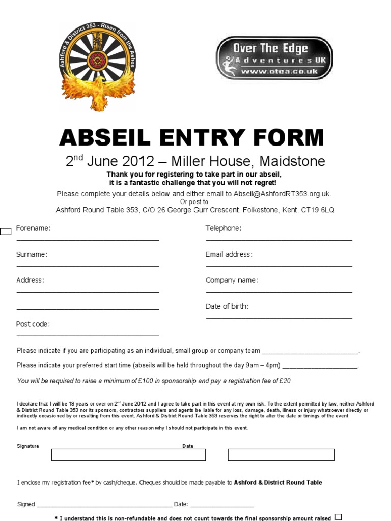 Abseil Registration Form for 2012 Event | PDF