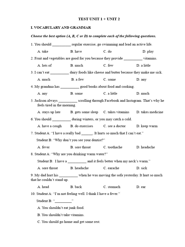 Vocabulary and Grammar Test Guide | PDF