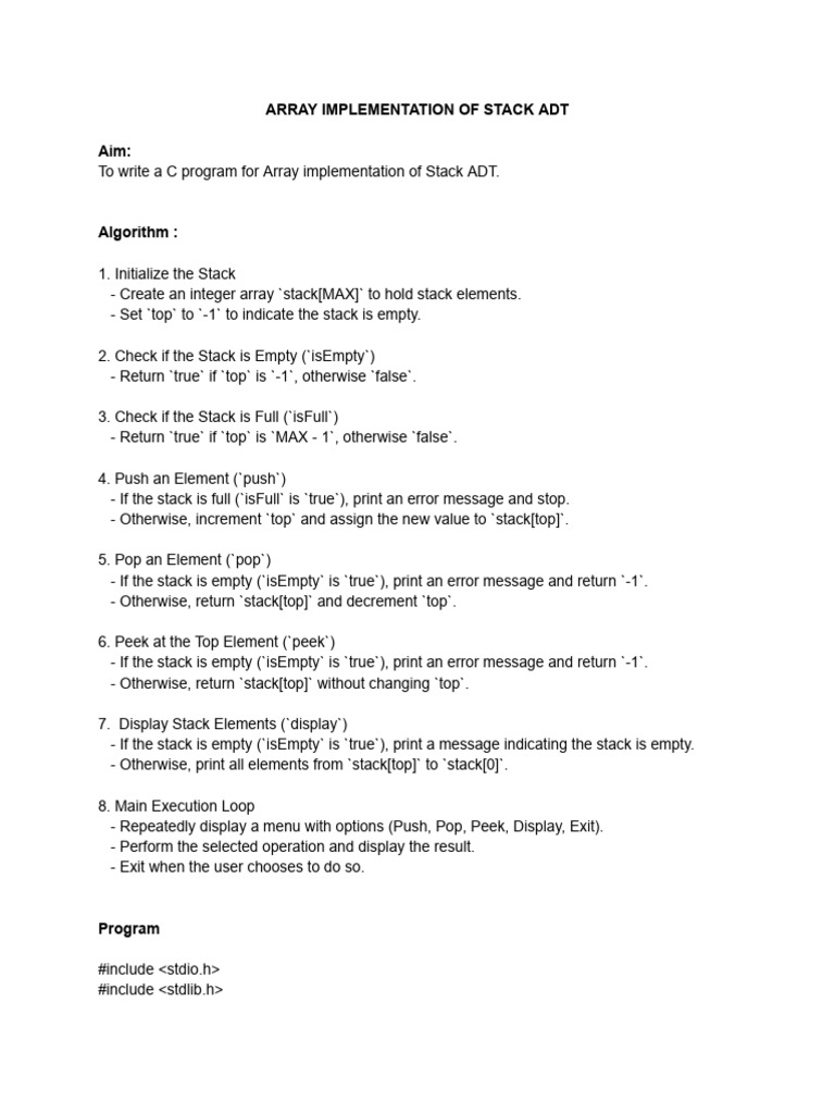 C Program for Stack ADT Using Array | PDF | Computing | Computer ...