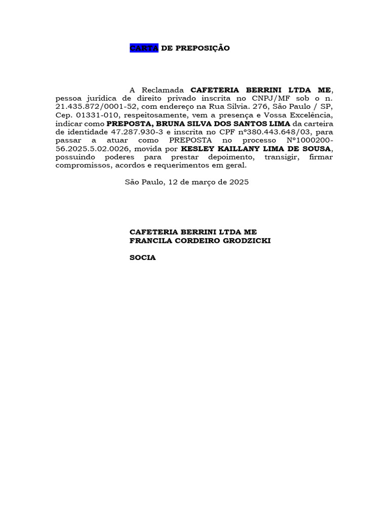 Indicação de Preposta da Cafeteria Berrini | PDF