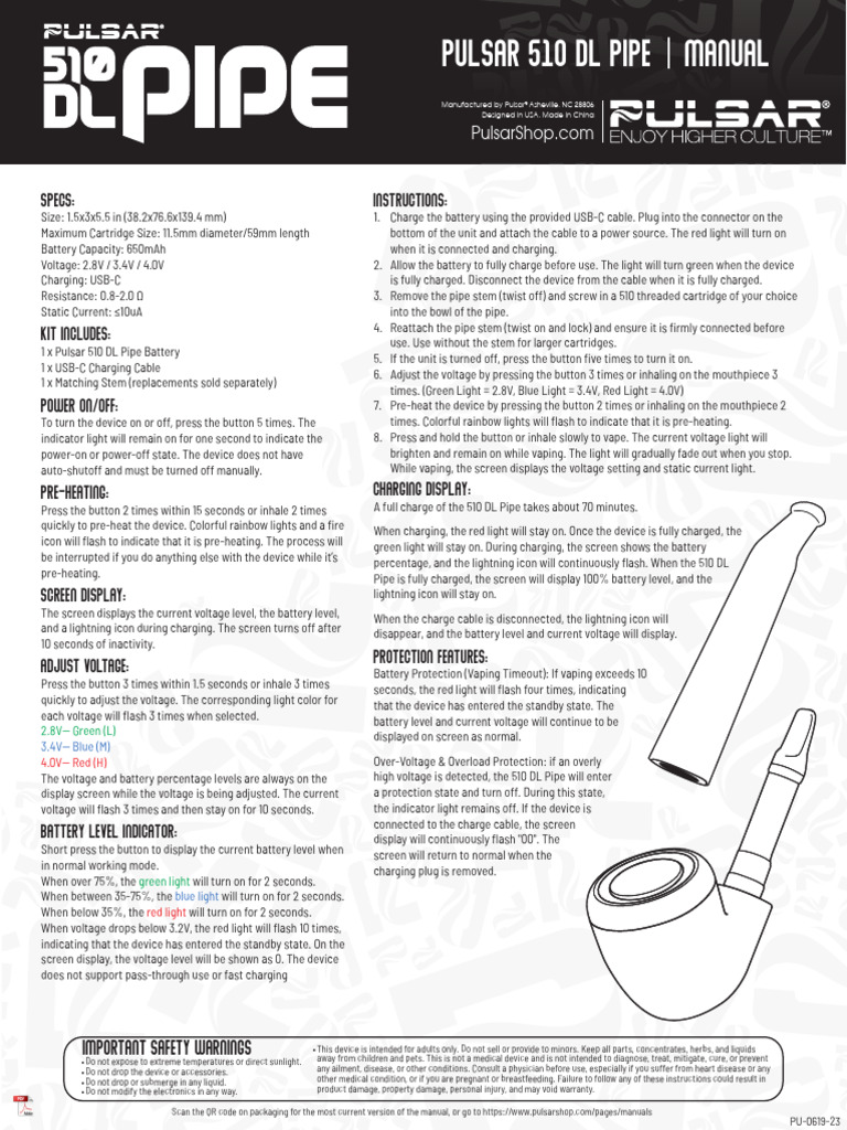 Pulsar 510 DL Pipe User Manual | PDF | Battery Charger