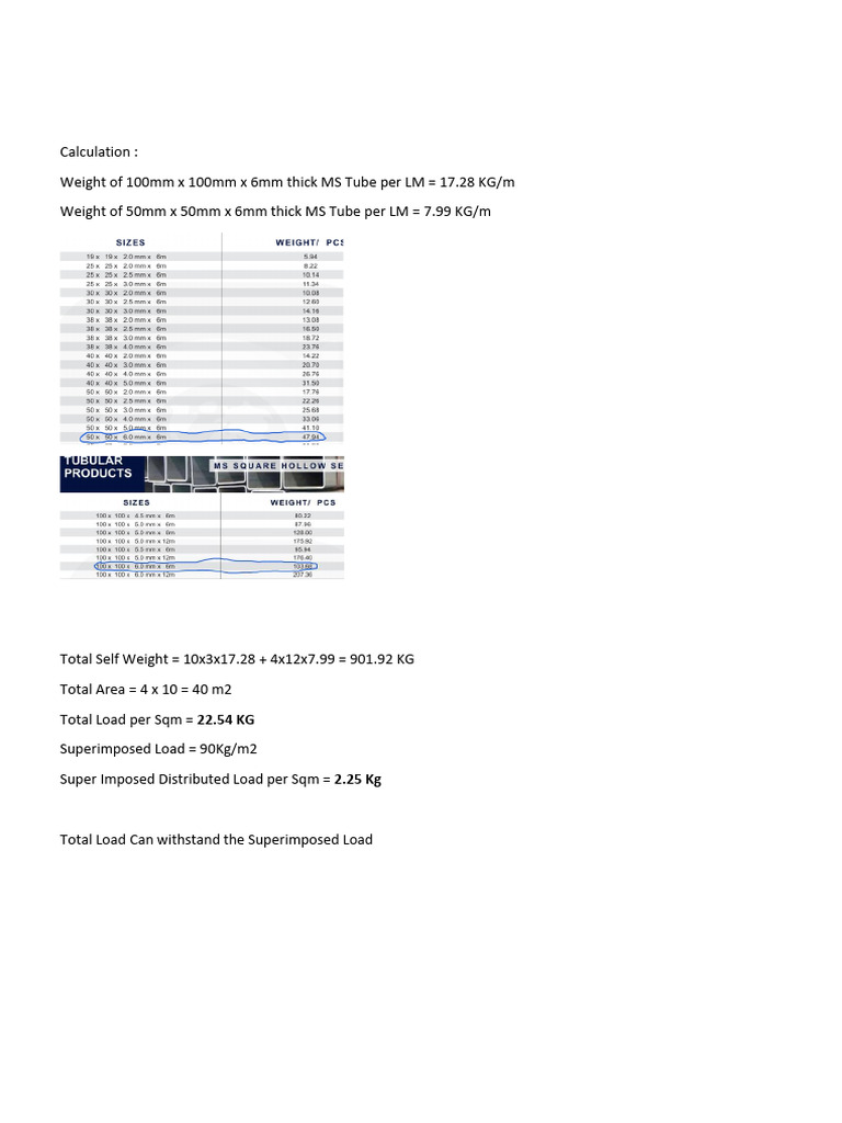 MS Tube Weight and Load Calculation | PDF